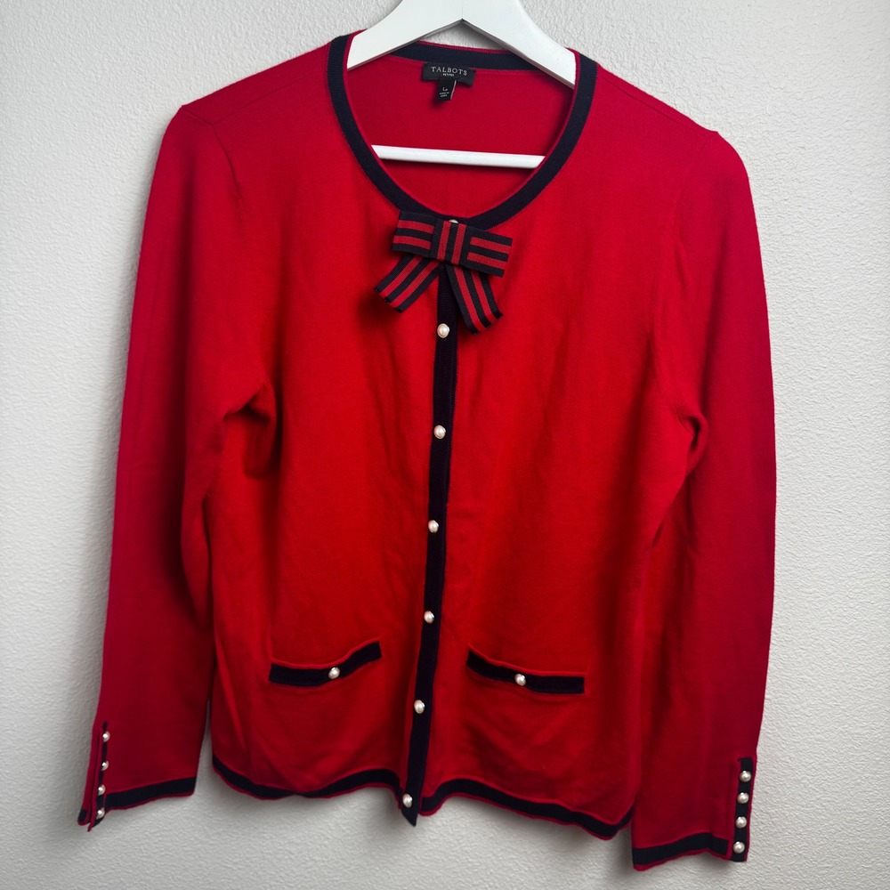 Talbots Charm Cardigan Sweater LP Red Pearl Button Bow Detail Cashmere Blend - Picture 2 of 8